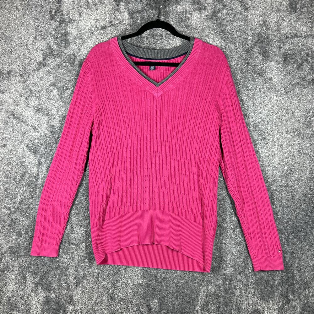 Tommy Hilfiger Sweater Womens XL Pink Cable-Knit V-Neck Pullover Relaxed